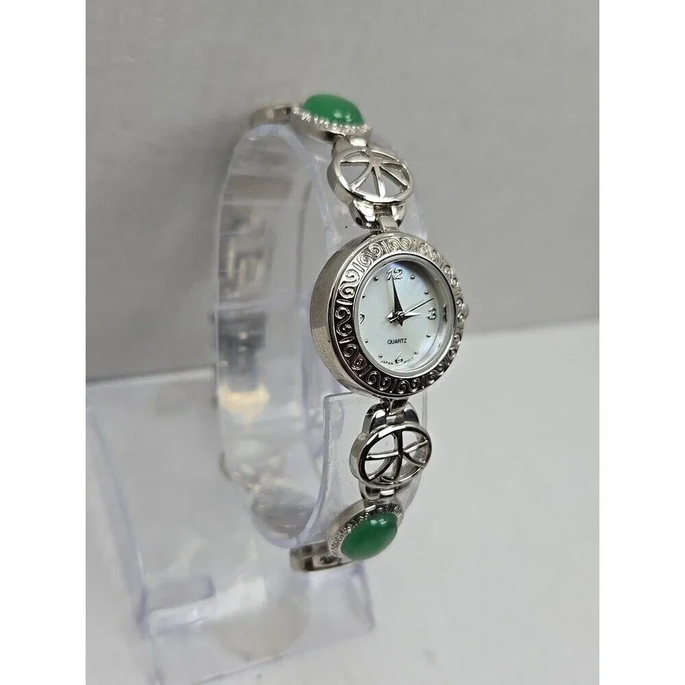 Avon Green Cabochon Oval Link Bracelet Watch Silver Tone Quartz New Battery